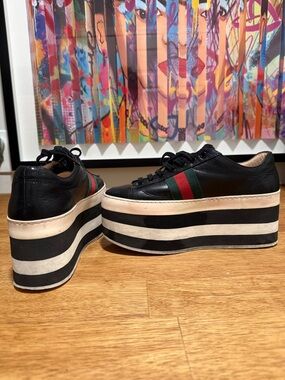 Gucci Black Leather Platform Sneakers with Red and Green Web Stripe
